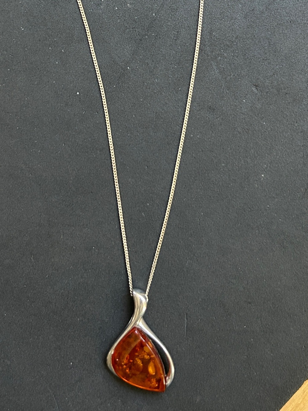 Sterling silver Hand Crafted Amber Teardrop Pendant Necklace - Silver Tone